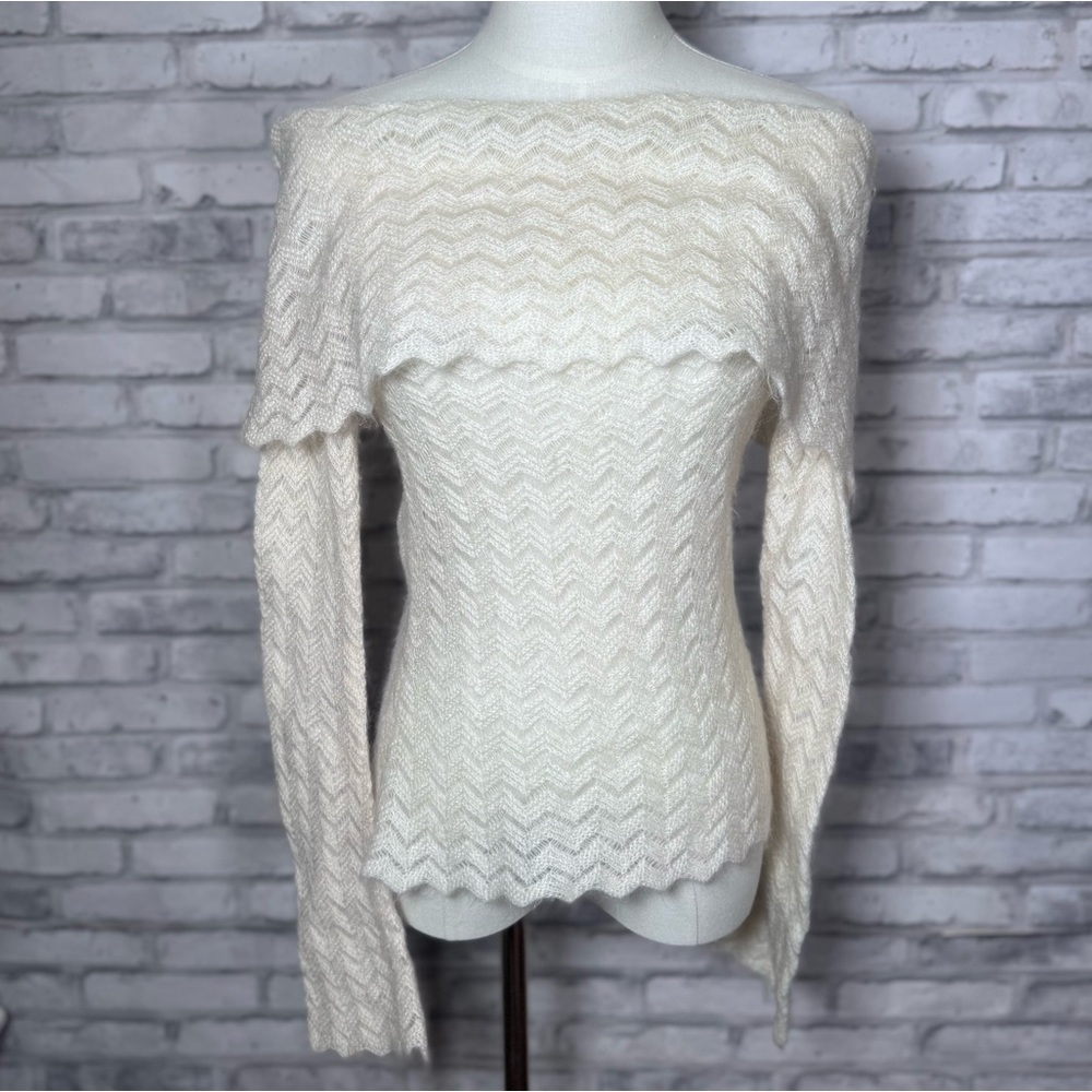 Vintage Moda International Off-Shoulder Off White Mohair Sheer Sweater